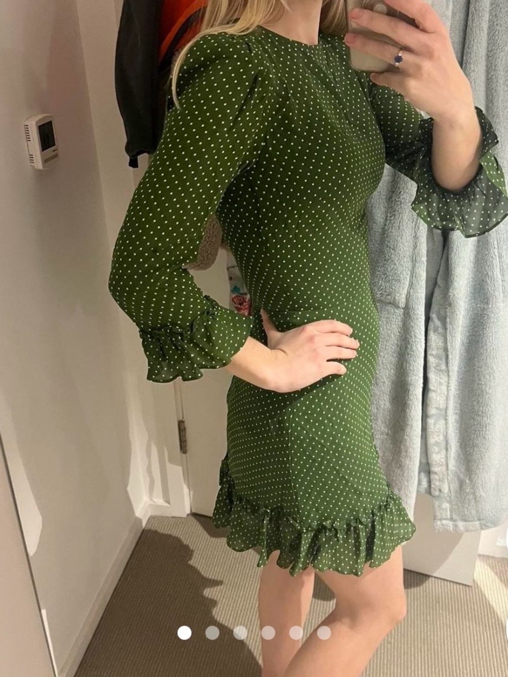 Reformation Doutzen Green White Polka Dot Ruffle Hem mini Dress size 2 - Picture 7 of 9